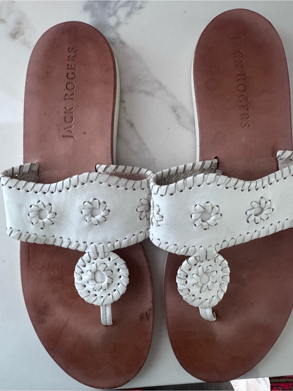 Jack Rogers White Leather Slide Sandals with Tan Footbed